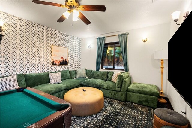 interior space featuring ceiling fan and pool table