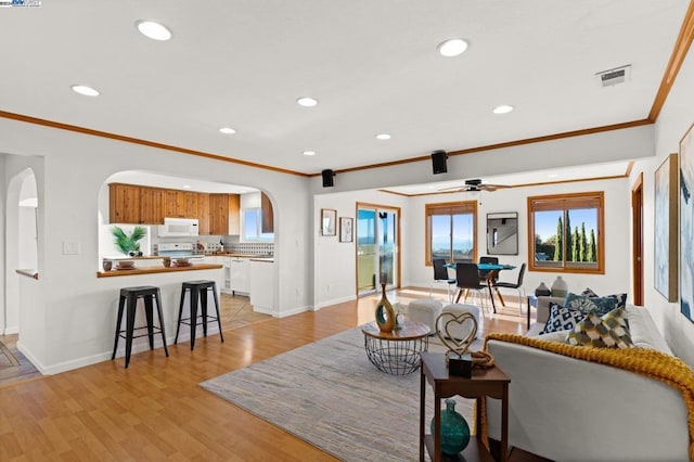 living room featuring ceiling fan, light hardwood / wood-style floors, and ornamental molding