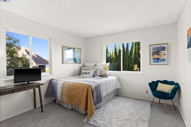 bedroom featuring carpet and a textured ceiling