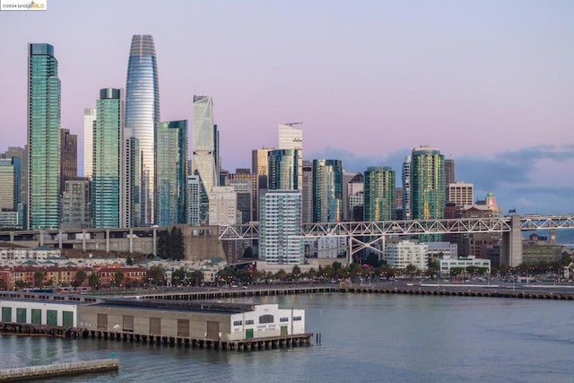 property's view of city featuring a water view