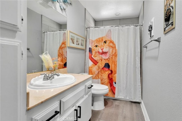 bathroom with walk in shower, vanity, wood-type flooring, and toilet