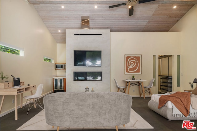 living room with ceiling fan, wooden ceiling, and high vaulted ceiling