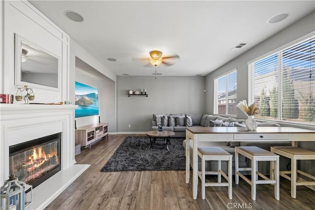 living room featuring ceiling fan and dark hardwood / wood-style floors