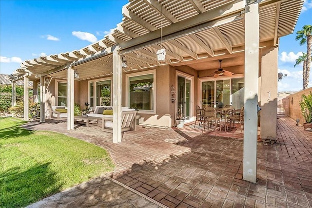 view of patio / terrace featuring an outdoor hangout area, ceiling fan, and a pergola