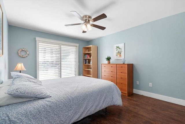 bedroom featuring ceiling fan and dark wood-type flooring