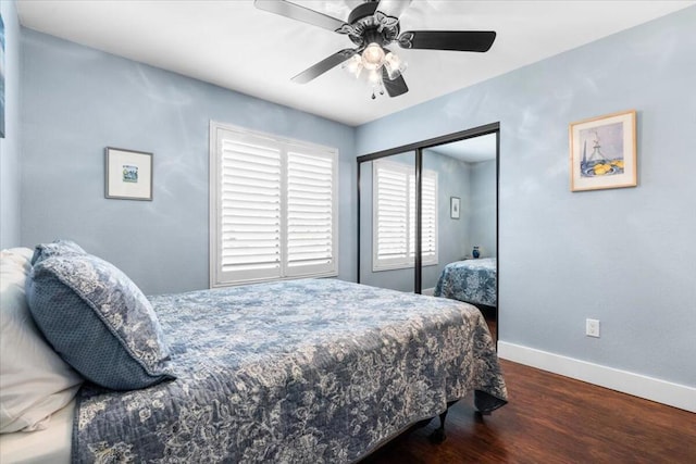 bedroom featuring dark hardwood / wood-style floors, a closet, and ceiling fan