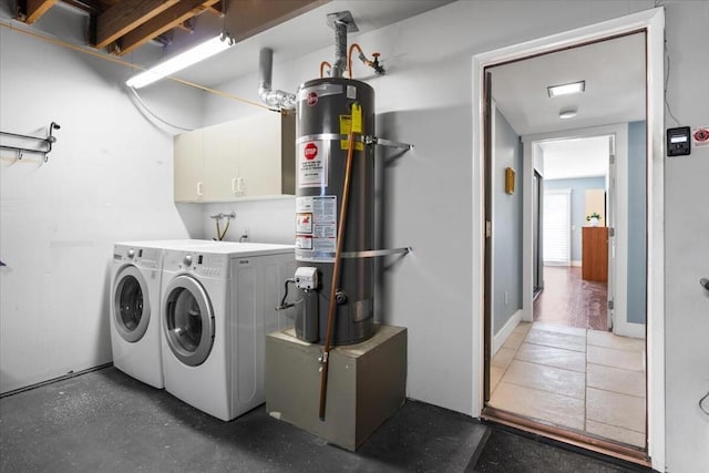 washroom with washer and clothes dryer and water heater