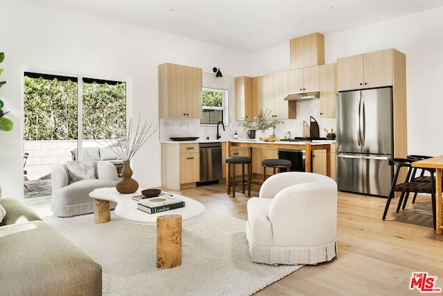 living room with light hardwood / wood-style floors and sink