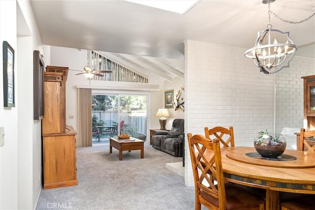 carpeted dining space with a chandelier and lofted ceiling with beams