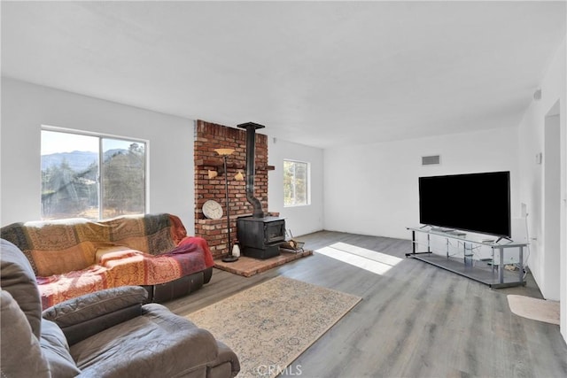 living room featuring a wood stove, hardwood / wood-style floors, and plenty of natural light