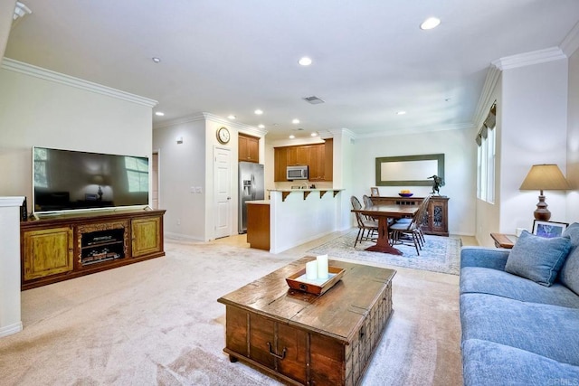 carpeted living room featuring crown molding