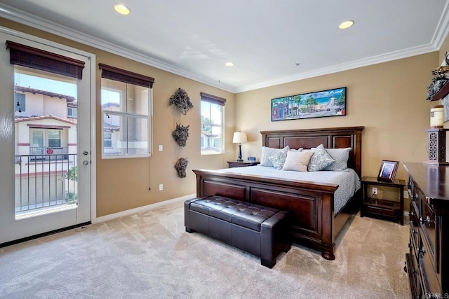 carpeted bedroom featuring access to exterior and ornamental molding