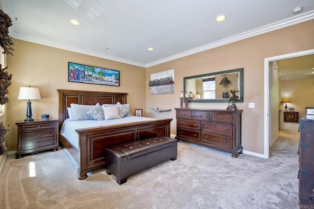 bedroom with light carpet and crown molding