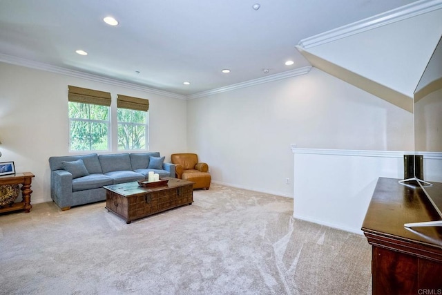 carpeted living room featuring ornamental molding