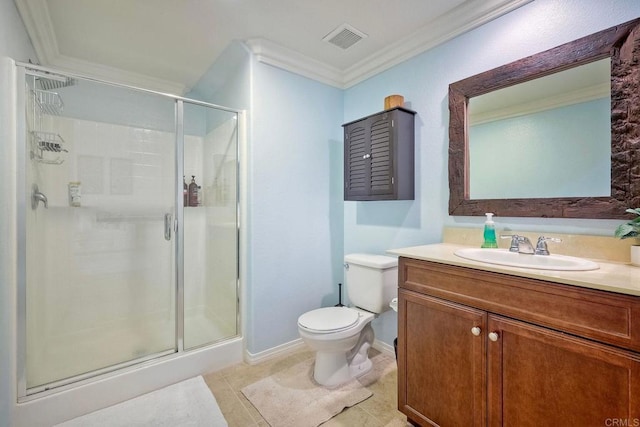 bathroom with tile patterned floors, vanity, an enclosed shower, and ornamental molding