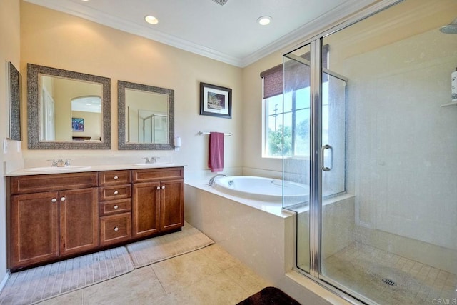 bathroom with tile patterned flooring, vanity, independent shower and bath, and crown molding