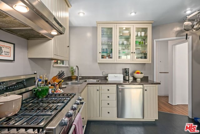 kitchen with cream cabinets, sink, stainless steel appliances, and ventilation hood