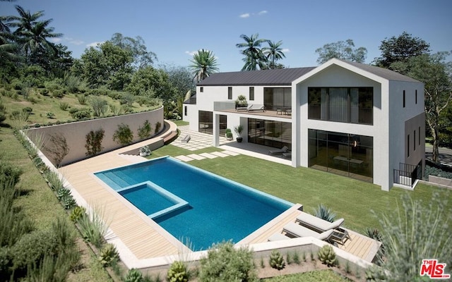 back of house with a lawn, a balcony, and a patio