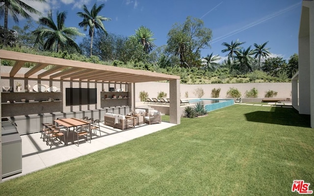 view of yard featuring outdoor lounge area, a patio area, a fenced in pool, and a pergola