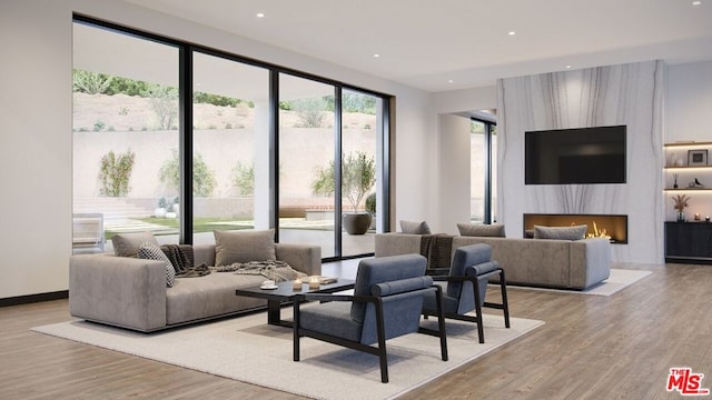 living room with a fireplace and light hardwood / wood-style flooring