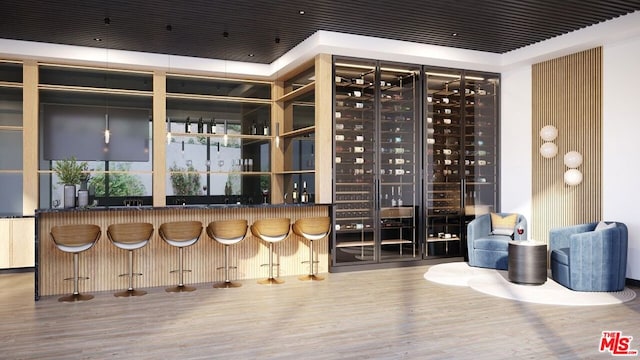 wine room with wood-type flooring