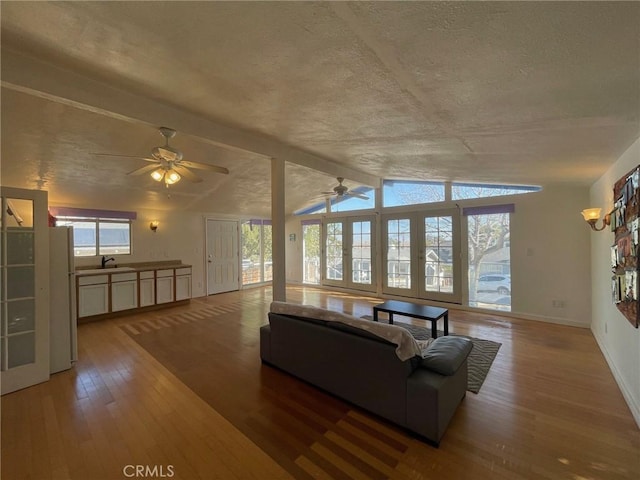 living room featuring wood-type flooring, a textured ceiling, and sink