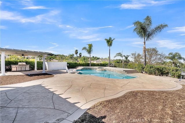 view of swimming pool featuring a patio area and ceiling fan