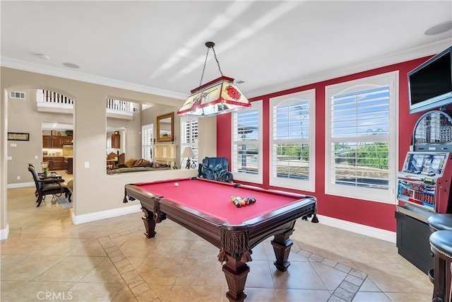 playroom with light tile patterned floors, crown molding, and billiards