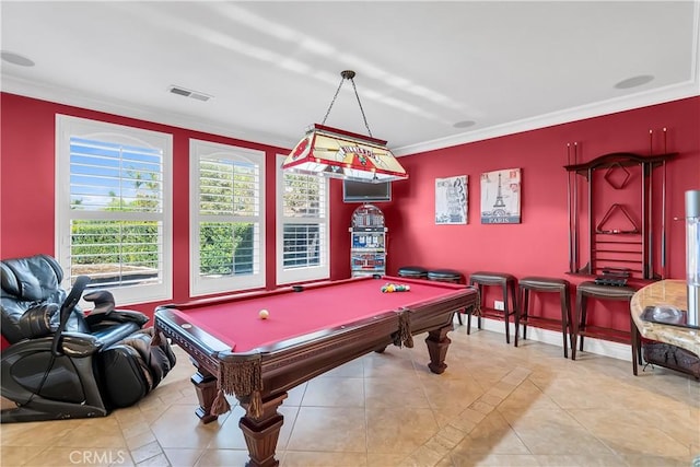 game room with crown molding, light tile patterned floors, and pool table