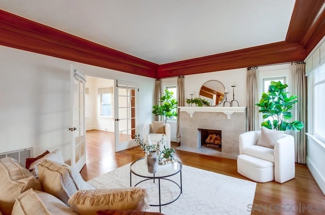 living room with a fireplace, a wealth of natural light, french doors, and hardwood / wood-style flooring