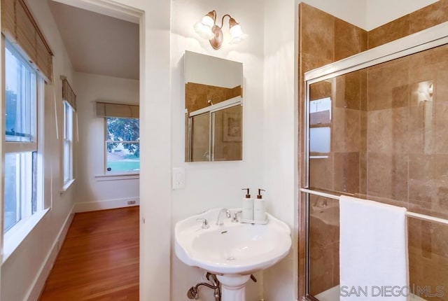 bathroom with sink, wood-type flooring, and an enclosed shower