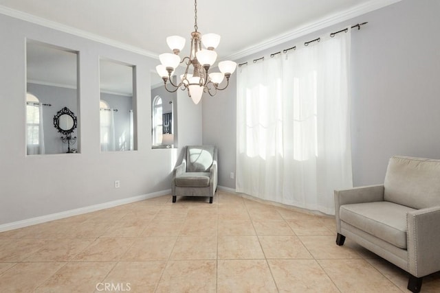 living area with light tile patterned floors, ornamental molding, and a notable chandelier