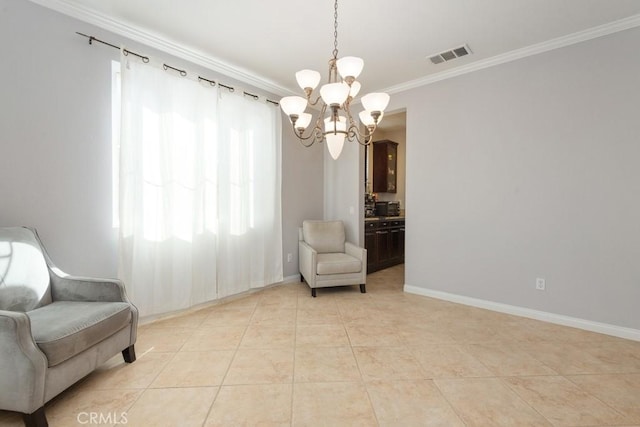 sitting room featuring a notable chandelier, ornamental molding, and light tile patterned floors