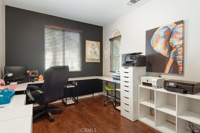 home office featuring dark hardwood / wood-style flooring