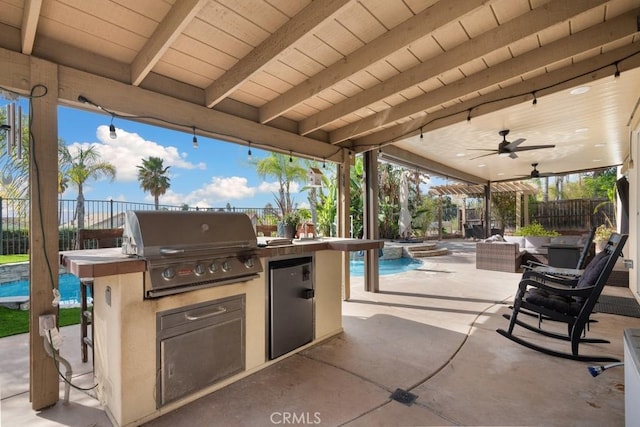 view of patio featuring a fenced in pool, a grill, ceiling fan, and area for grilling