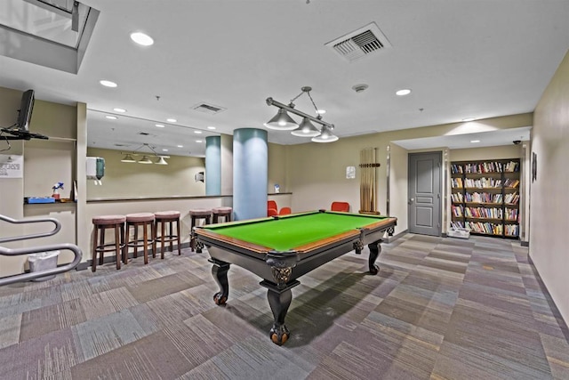 recreation room with carpet flooring and billiards