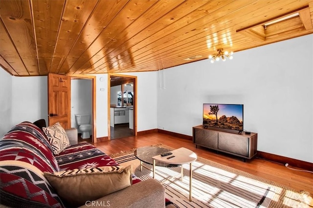 living room featuring wood-type flooring and wooden ceiling