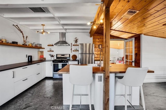 kitchen with wood counters, a kitchen bar, stainless steel appliances, and wall chimney exhaust hood