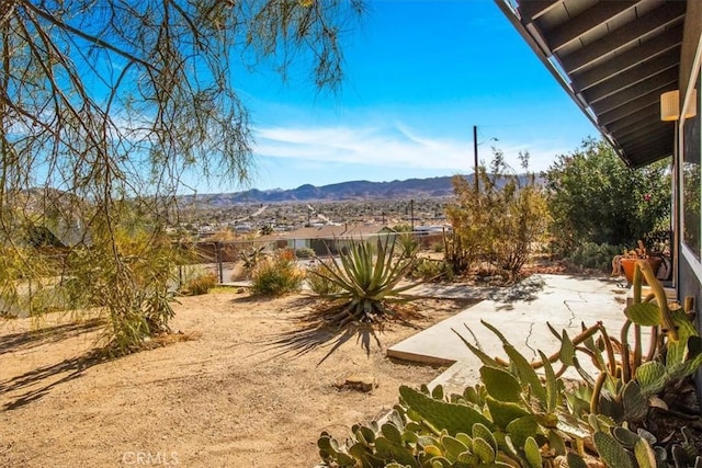 view of yard featuring a mountain view and a patio