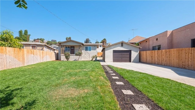 view of front facade featuring a garage, concrete driveway, fence, and a front lawn