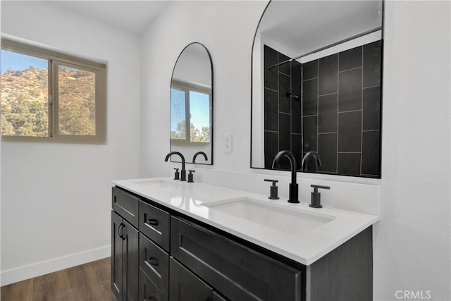 bathroom with wood-type flooring and vanity