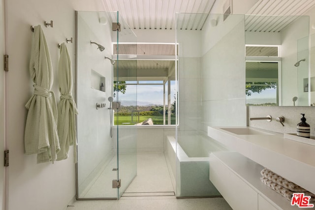 bathroom with vanity and separate shower and tub