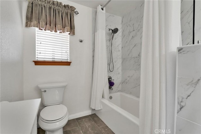 bathroom with toilet and shower / bathtub combination with curtain