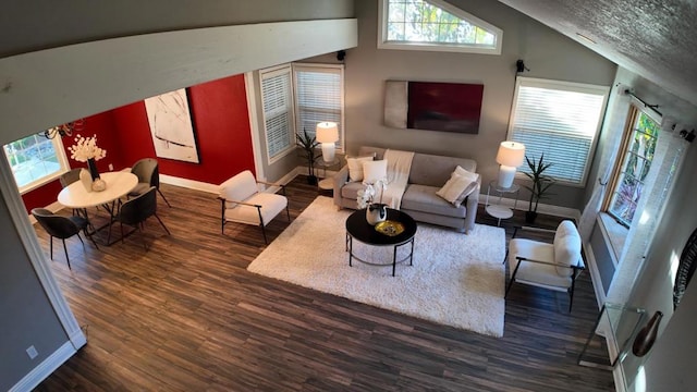 living room featuring vaulted ceiling, plenty of natural light, dark hardwood / wood-style floors, and a textured ceiling