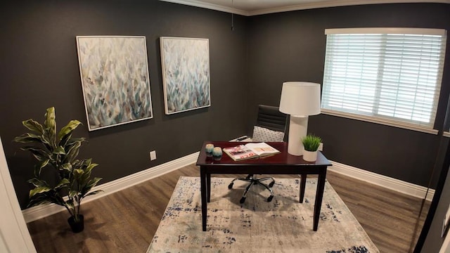 office area with hardwood / wood-style flooring and ornamental molding