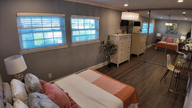 bedroom with dark hardwood / wood-style flooring and a closet