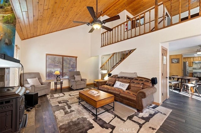 living room featuring dark hardwood / wood-style flooring, high vaulted ceiling, ceiling fan, and wood ceiling