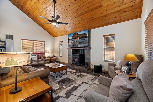 living room with a wood stove, wooden ceiling, high vaulted ceiling, ceiling fan, and wood-type flooring