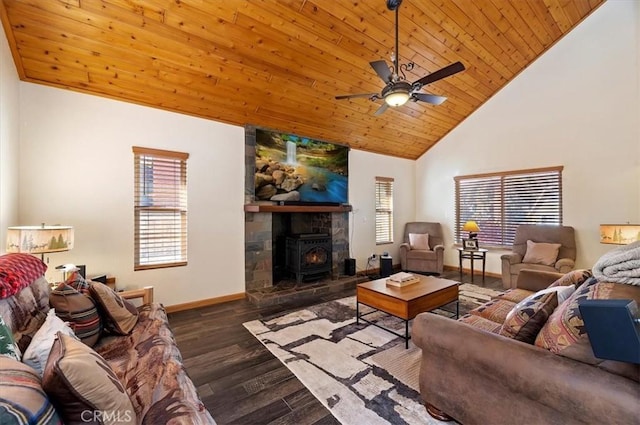 living room with a wood stove, ceiling fan, wooden ceiling, and dark hardwood / wood-style floors