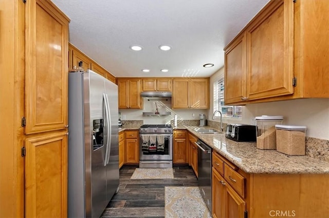 kitchen with light stone countertops, sink, stainless steel appliances, and dark hardwood / wood-style floors